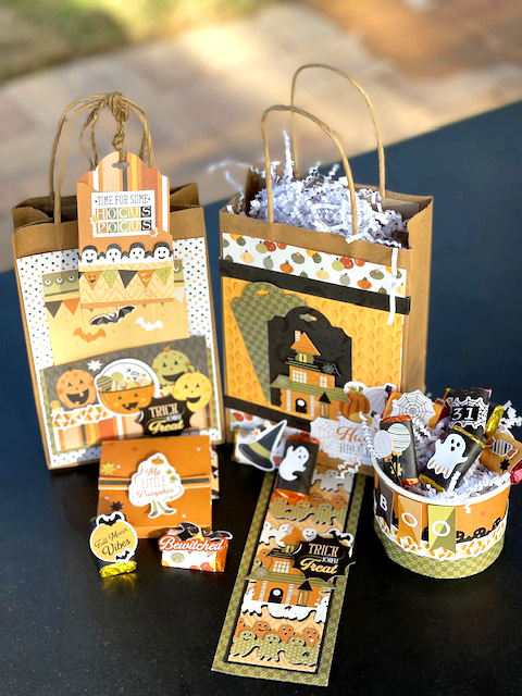 Decorated Halloween candy bags and candy.