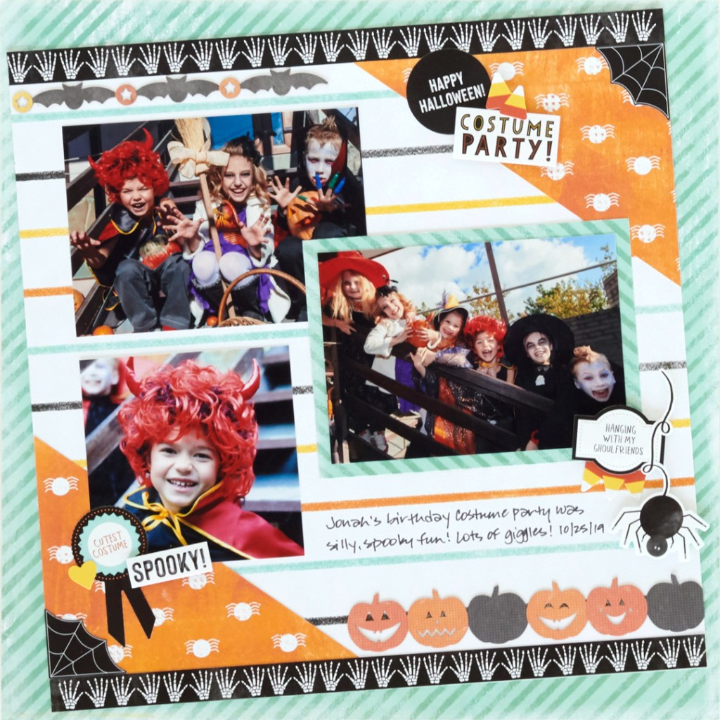 Halloween layout idea with three photos and embellishments.