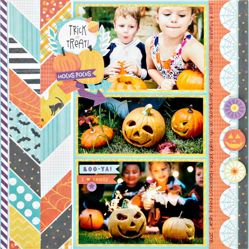 Halloween layout with a chevron border and three horizontally stacked photos.