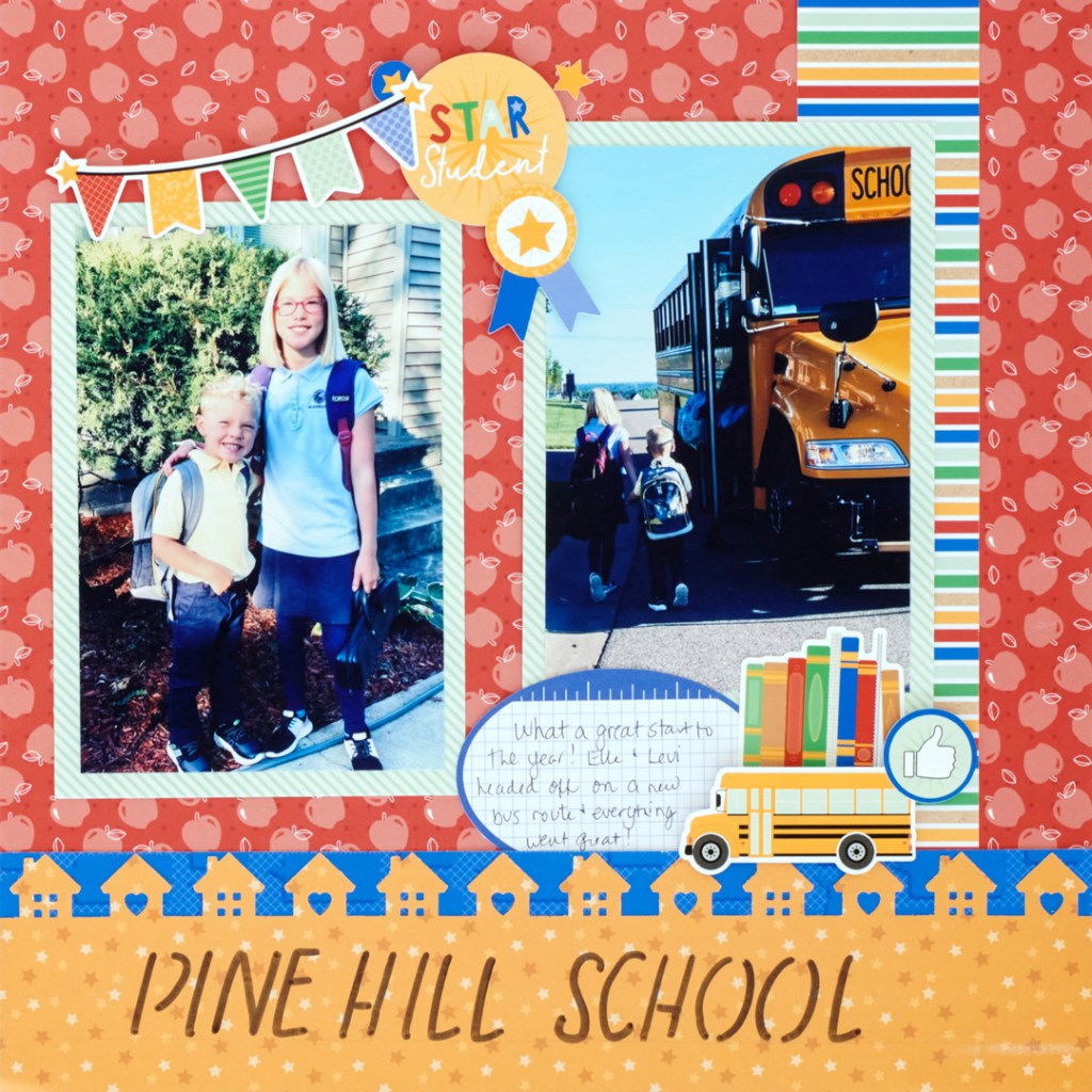 Layout with two kids getting on the school bus before their first day of school.
