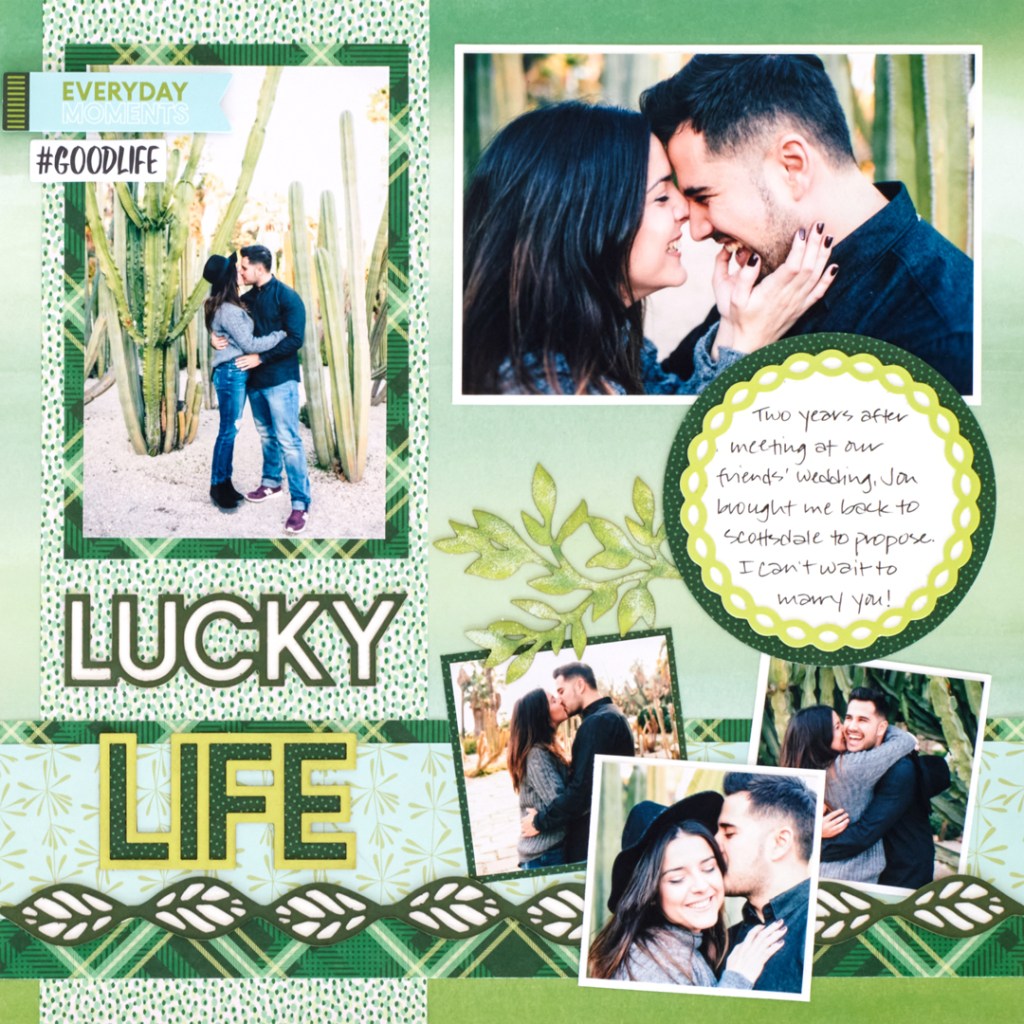 Green-themed scrapbook layout with five photos from an engagement photoshoot, journaling and embellishments. 