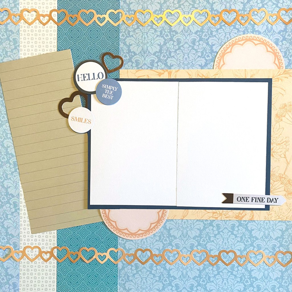 One-page layout example with two photos and vertical journaling box.