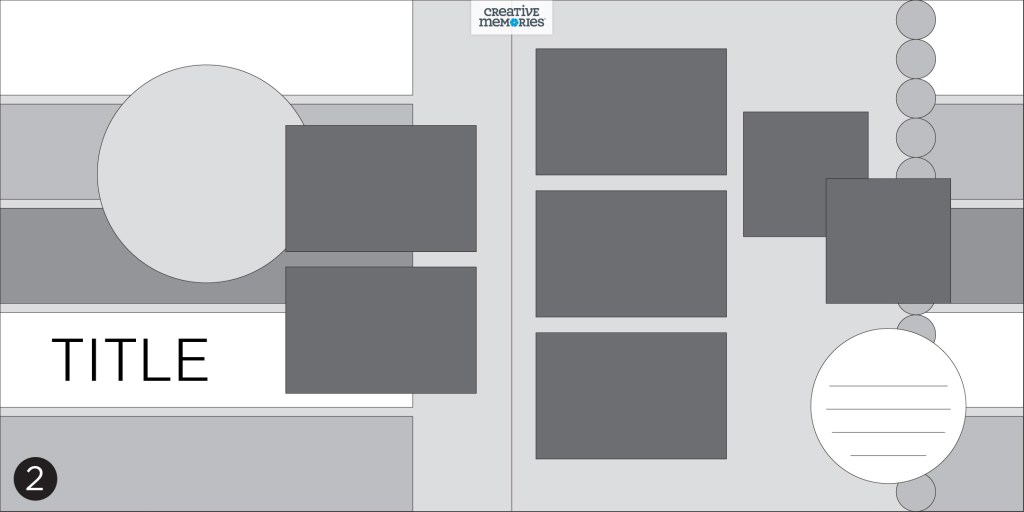 Two-page gray tonal scrapbook sketch with horizontal blocks and 7 photo placeholders.