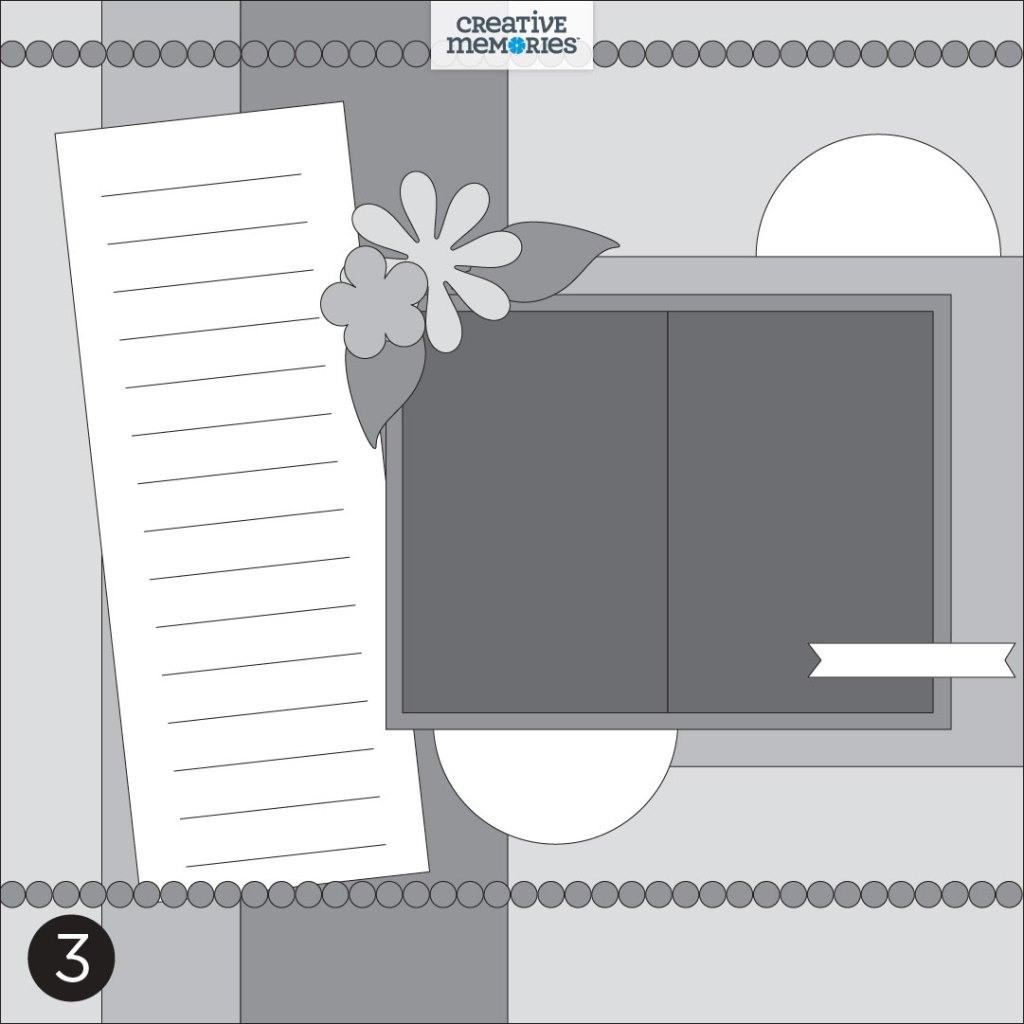 One-page gray tonal scrapbook sketch with 2 photos and large vertical journaling box.