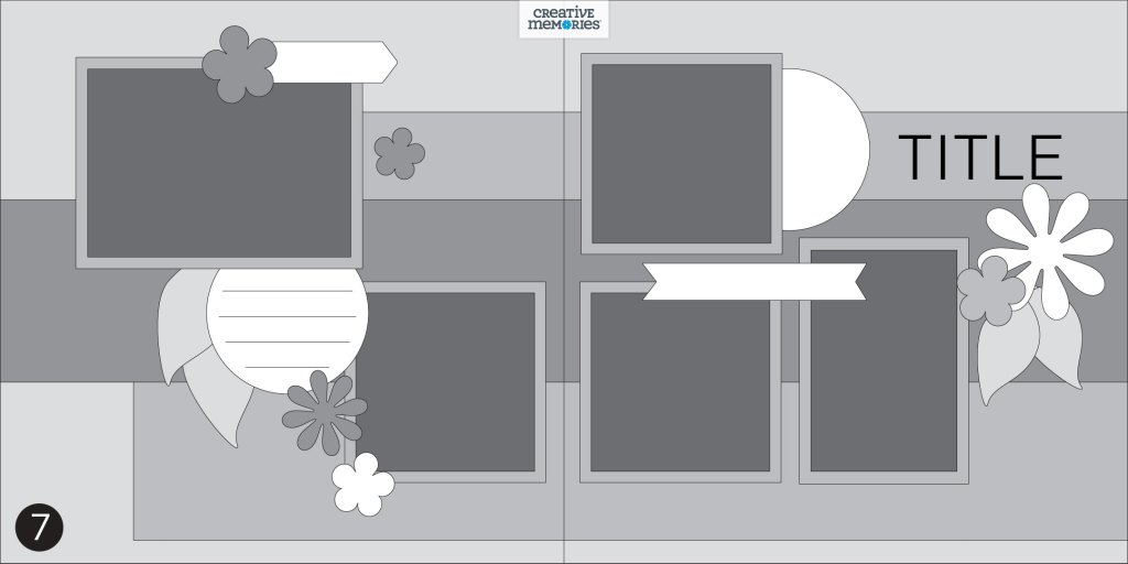 Two-page gray tonal sketch with five photos and embellishment clusters.