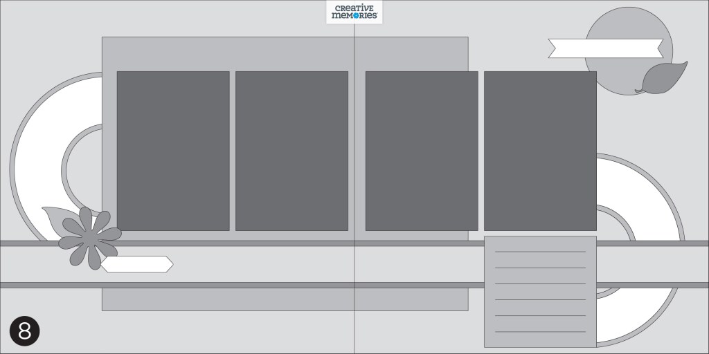 Two-page gray tonal sketch with four photos and semi-circles.
