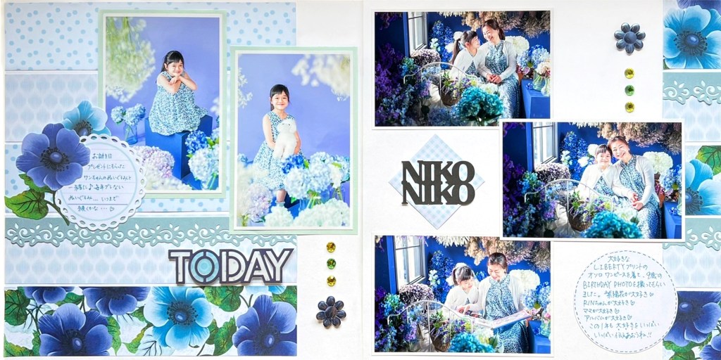 Two-page layout with blue-themed papers and five photos.