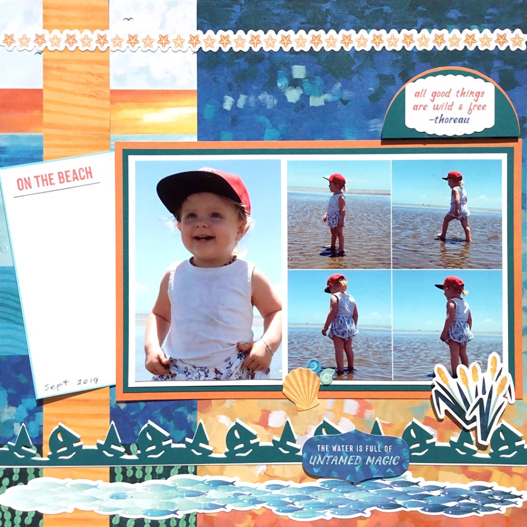 Water-themed layout with five photos.