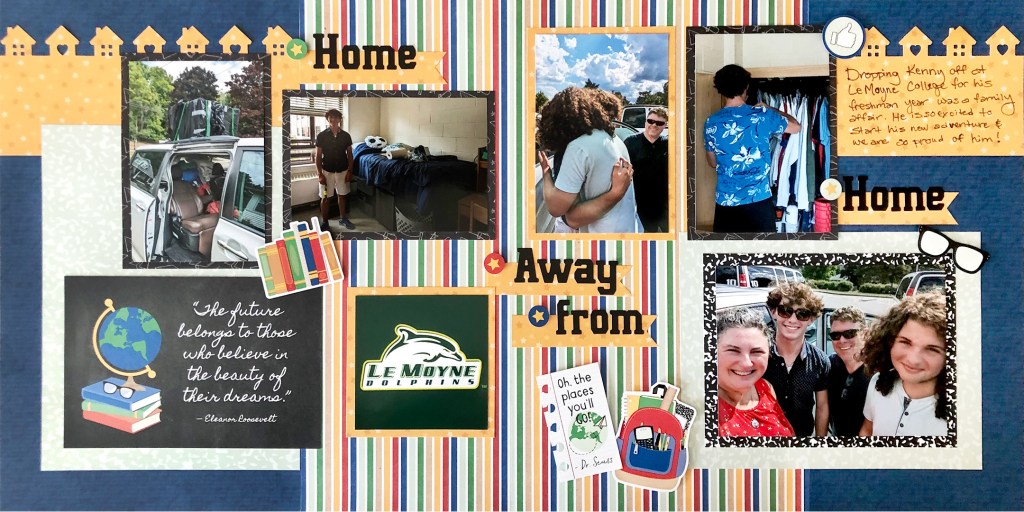 Two-page school-themed example layout with five photos.