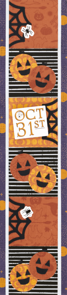 Halloween vertical border with alternating orange and stripped paper blocks, and pumpkin and spider web embellishments.