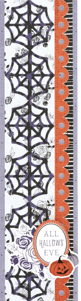 Vertical Halloween border with spider webs and an All Hallows Eve sticker.
