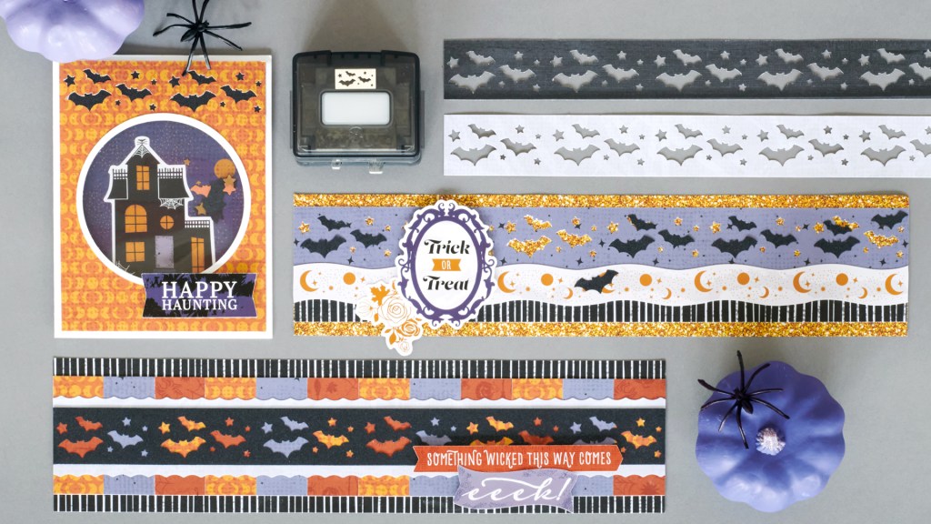 Two Halloween borders and one Halloween card all with bat and star punch out designs and stickers.