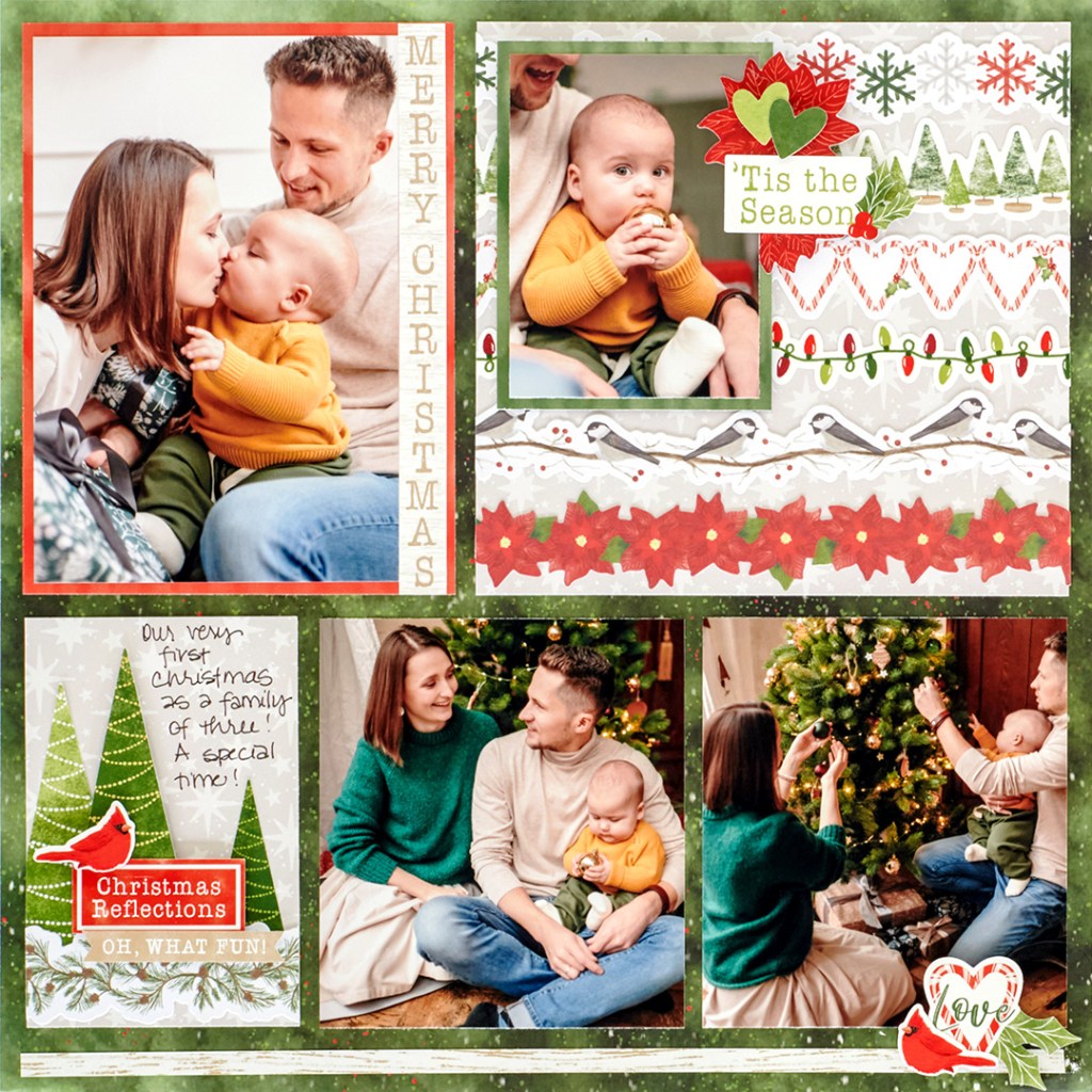Christmas-themed scrapbook layout with four photos of a family during Christmastime, decorative borders, stickers and journaling.