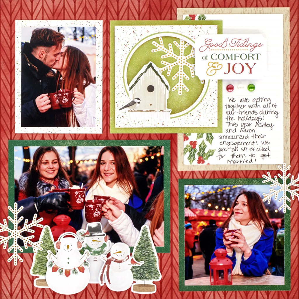 Christmas layout idea with three matted photos of people drinking hot chocolate, journaling and snowflake and snowman embellishments.