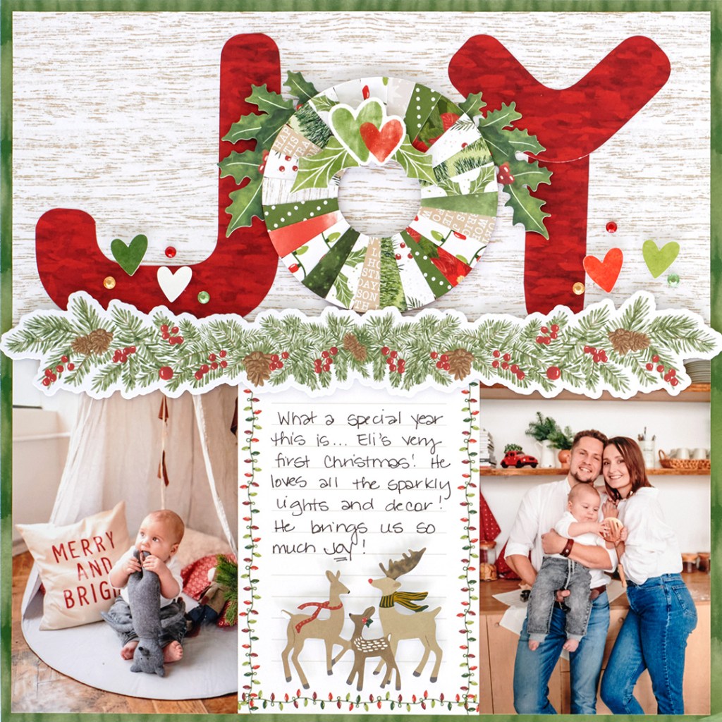 Christmas-themed layout with large letters spelling out the word joy, a journaling square and two photos.