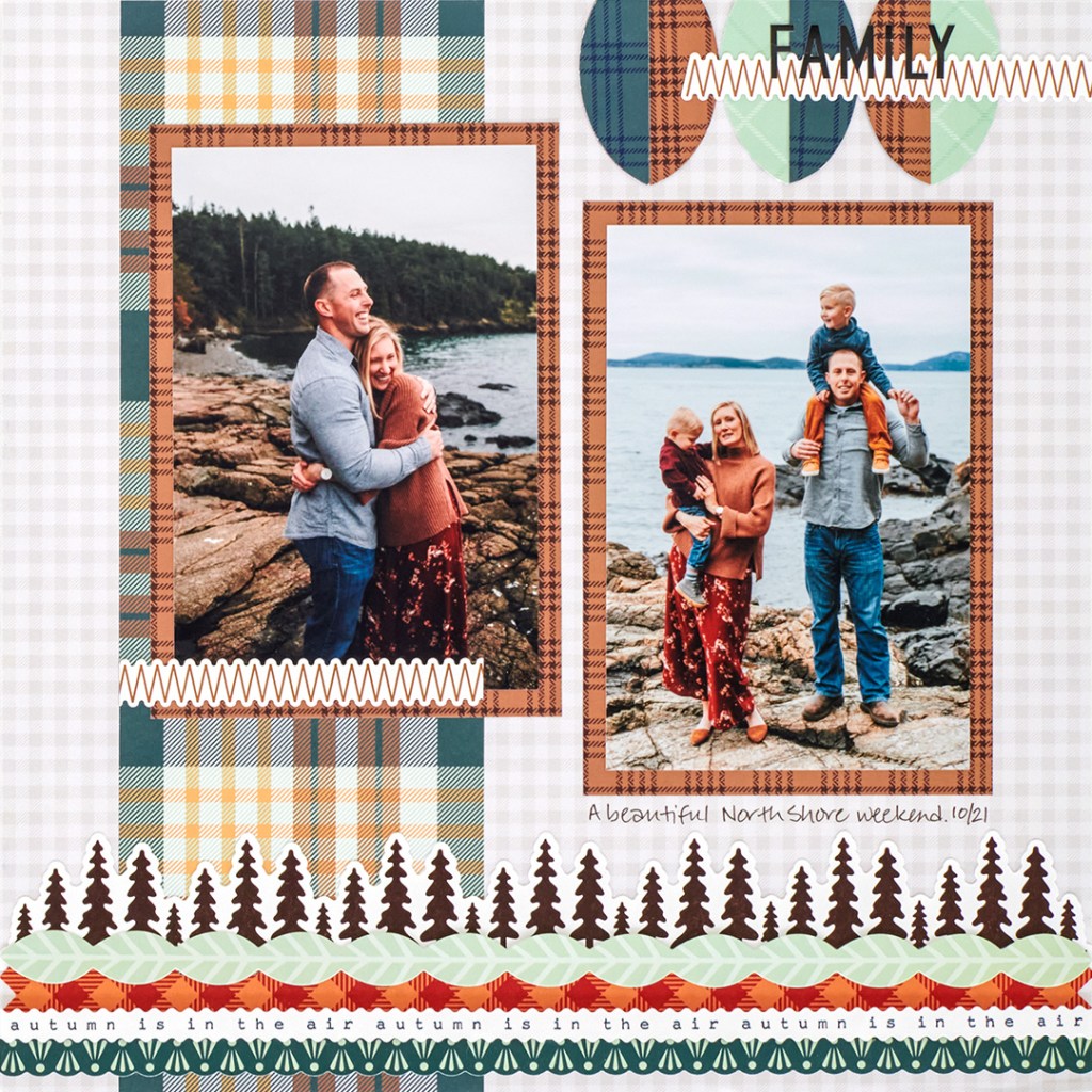 Fall layout with a layered border of stickers at the bottom and two photos.