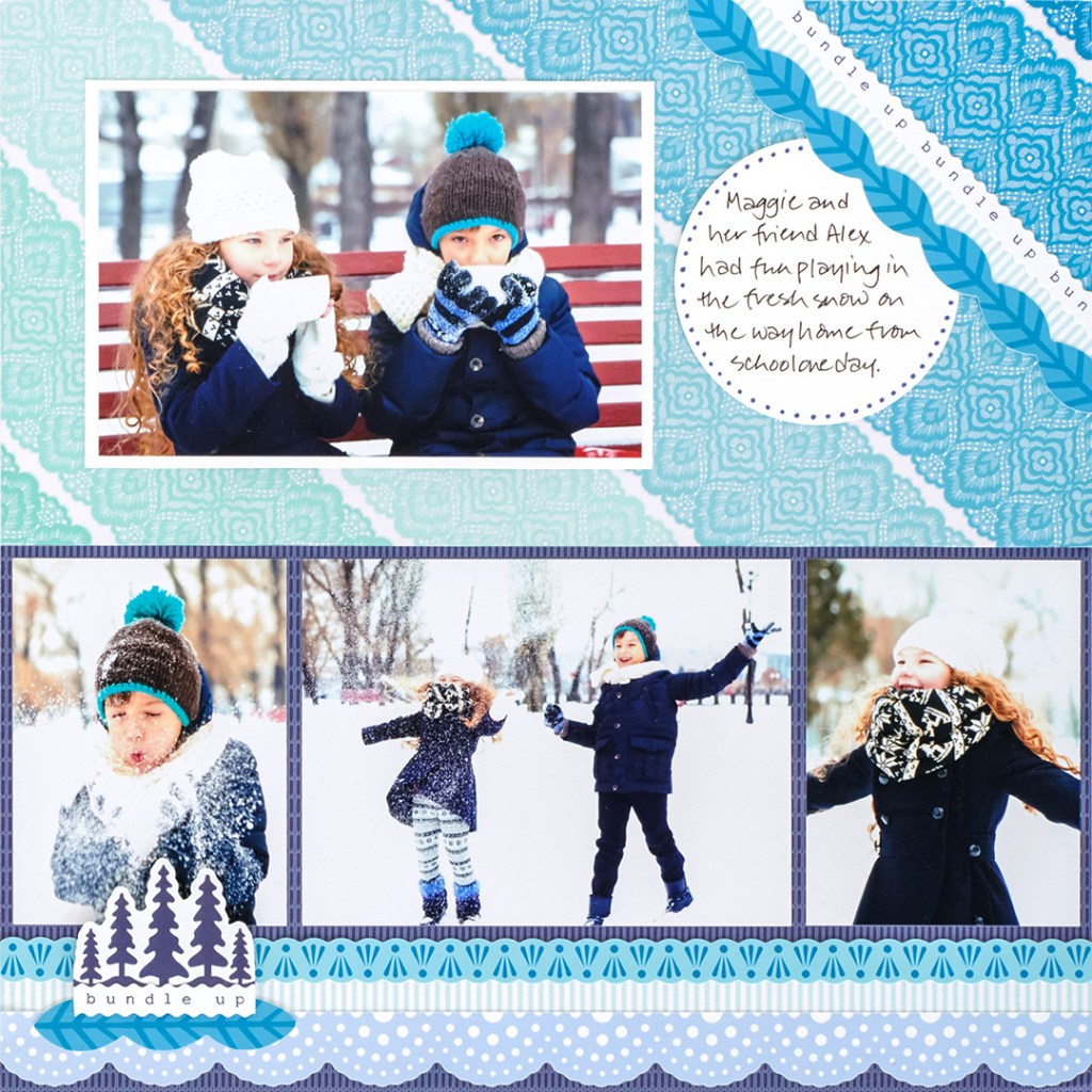Winter-themed blue layout with a young girl and boy playing in the snow,.