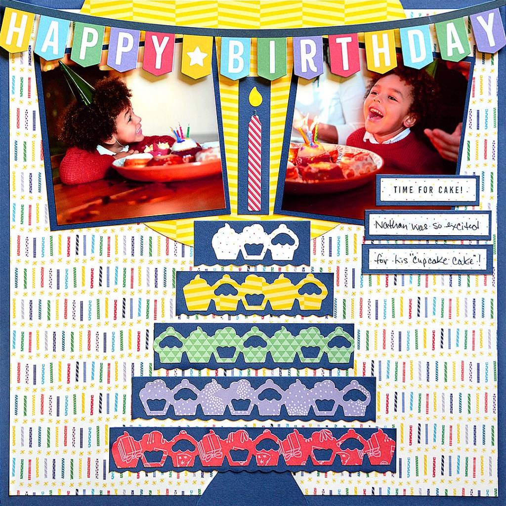 Birthday themed layout with two photos of a birthday boy and a happy birthday banner along the top of the page.