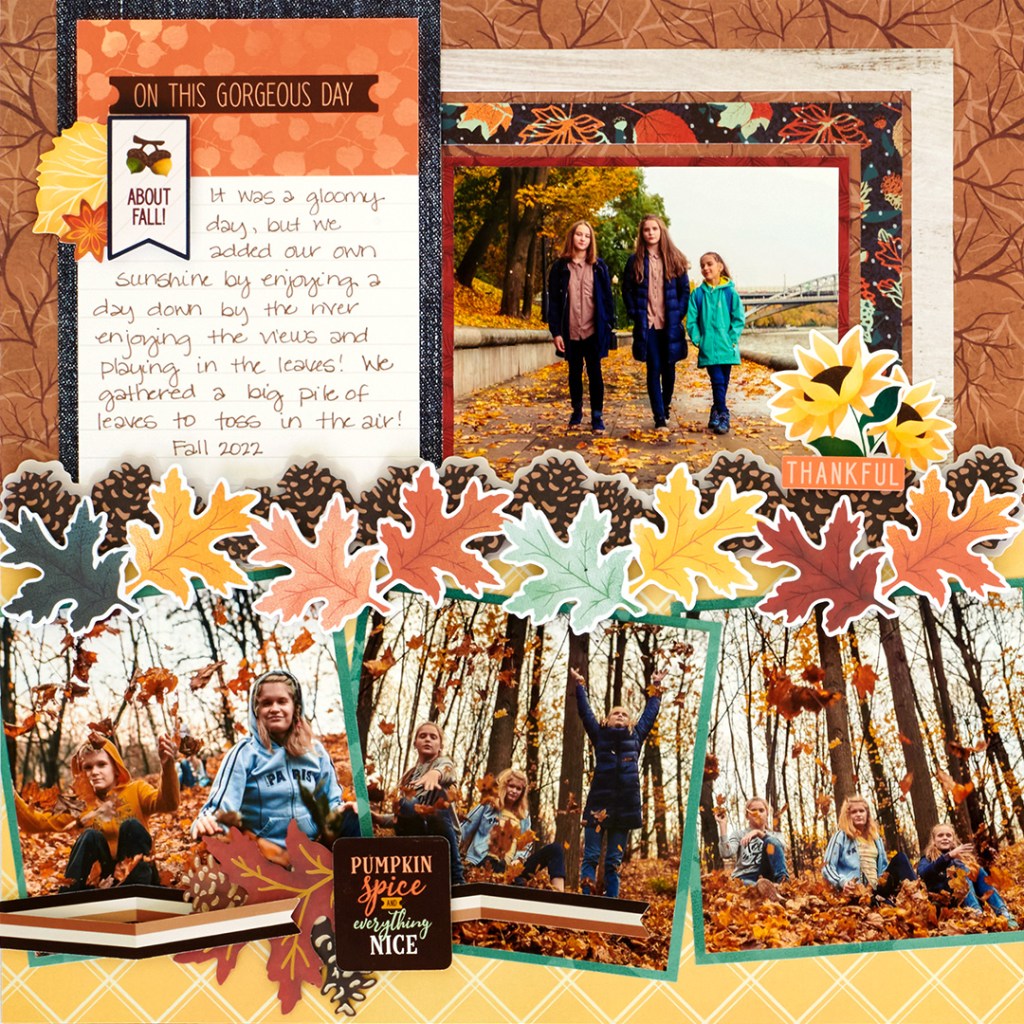 Golden Harvest collection one page layout with four photos, one journal box, a title and embellishments
