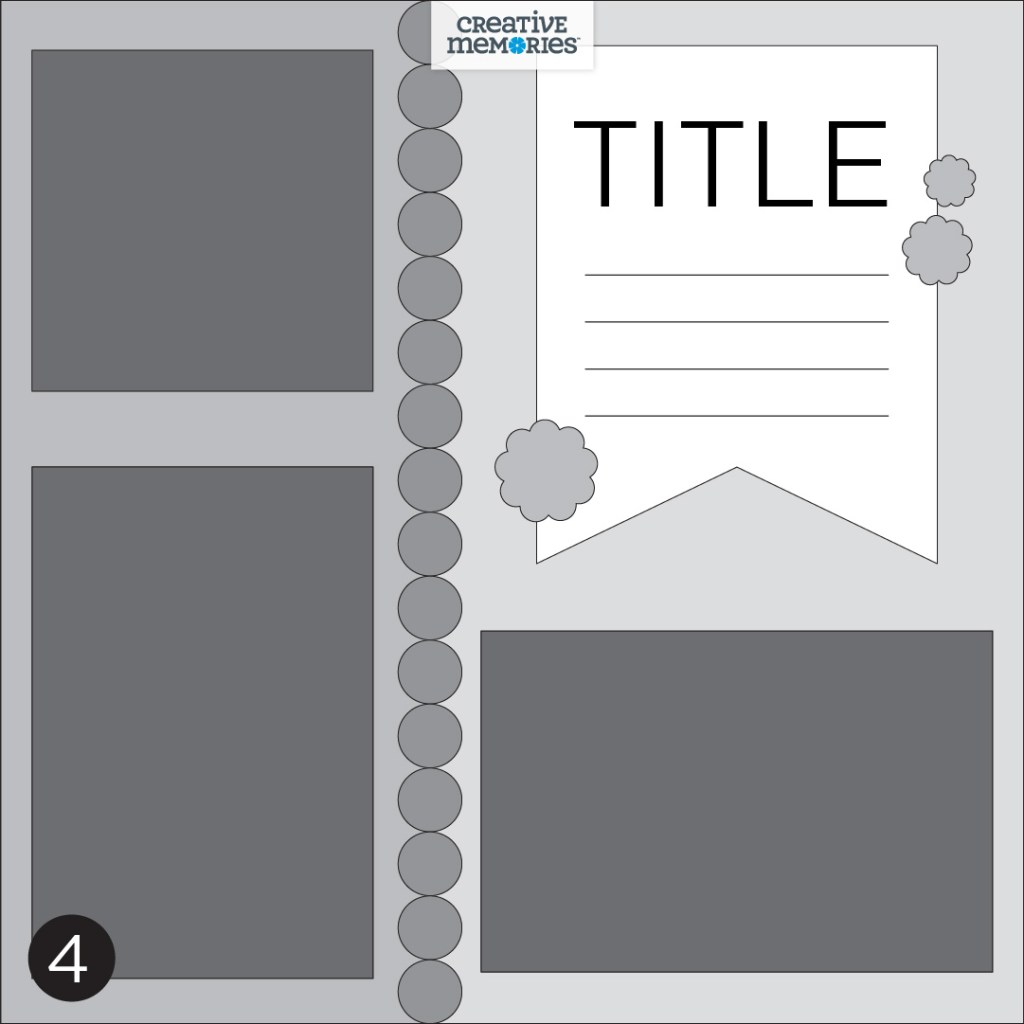 Gray tonal sketch with three photos and a ribbon with placeholders for a title and journaling.