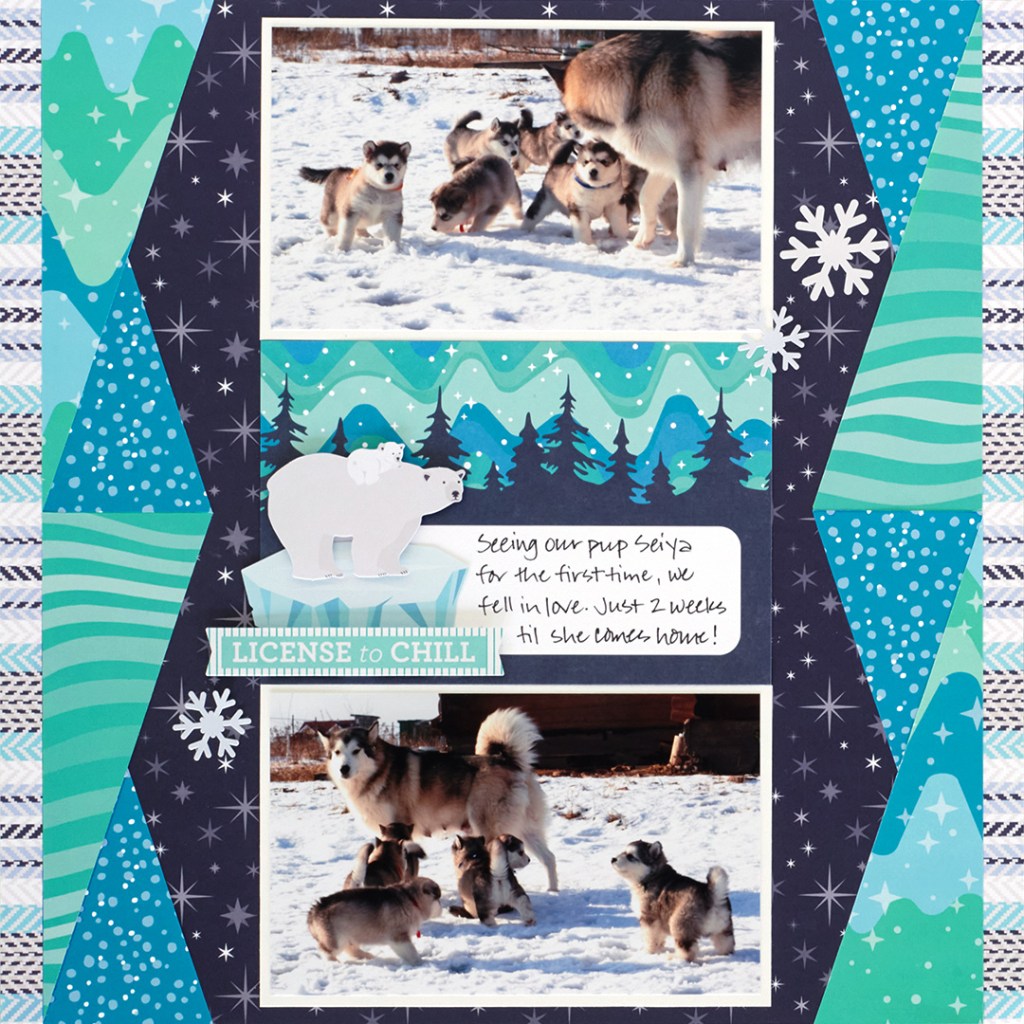 Winter themed layout with photos of a Husky dog with her puppies.