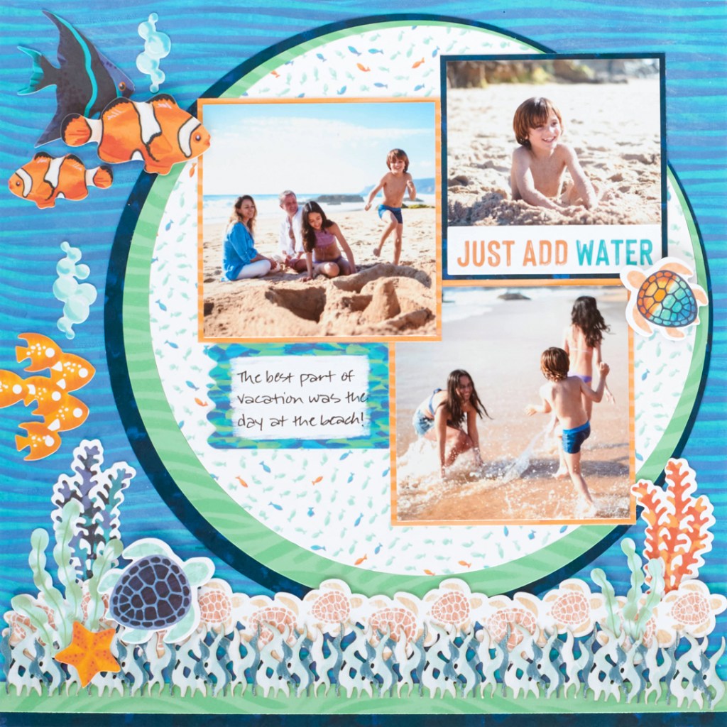 Serene waters one page layout with three photos, one journal box, a title and embellishments.