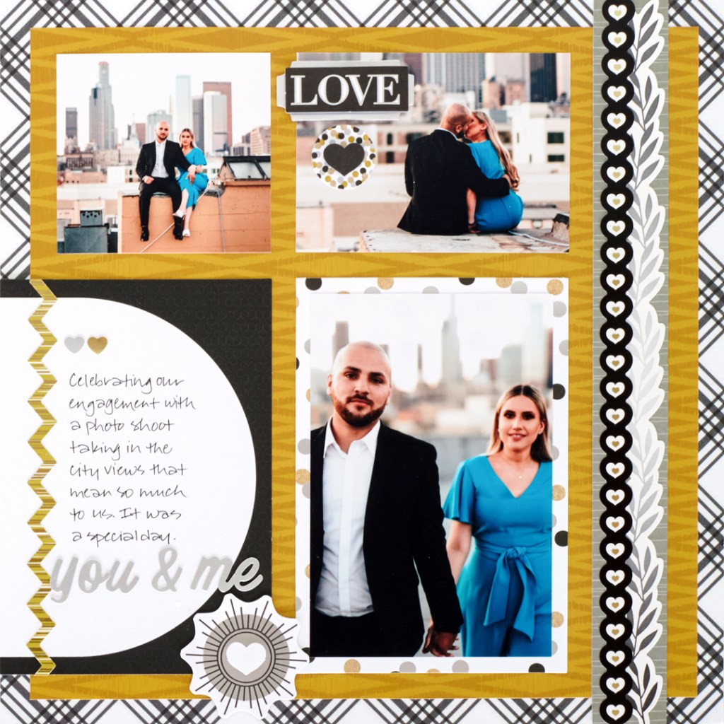 Engagement scrapbook layout idea with three photos, journaling and silver and gold papers and embellishments.
