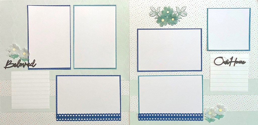 Two-page spread with six photos, two blocks for journaling and flower embellishments.