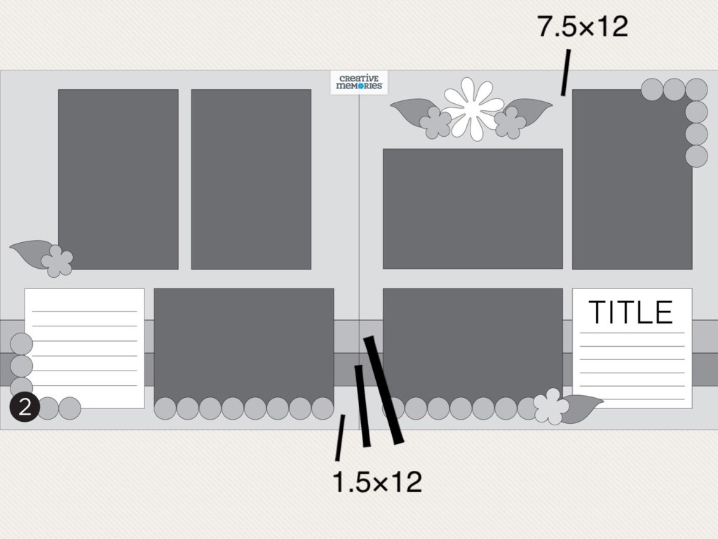 Two-page tonal sketch with placeholders for six photos, two journaling boxes, embellishments and suggested measurements.