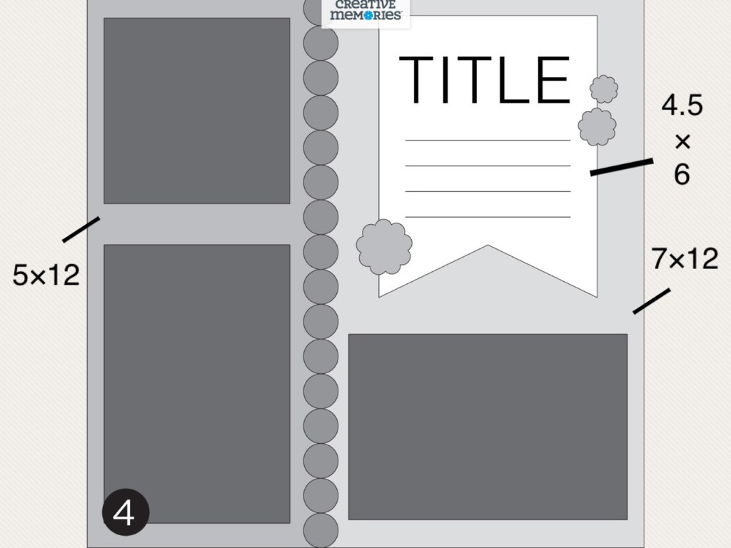 Gray tonal sketch with three photos placeholders, a title, journaling on a ribbon and suggested measurements.