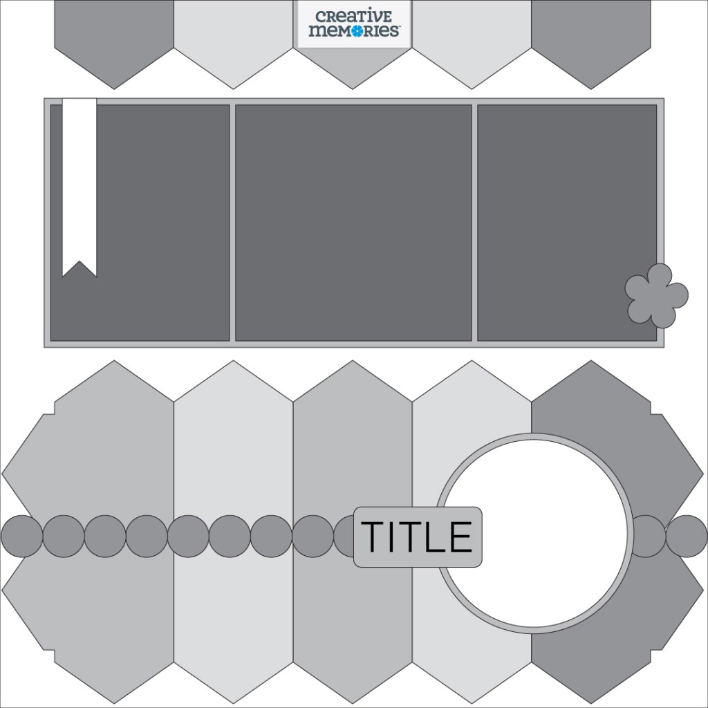 Gray tonal sketch with three photos and a decorative bottom border.