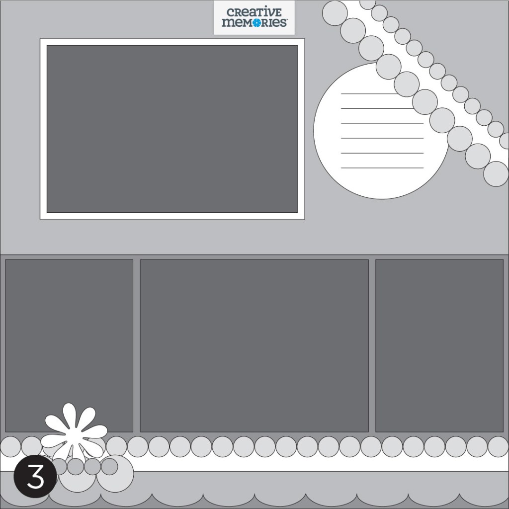 Gray tonal one-page sketch with four photos, circle journaling box and horizontal border at the bottom of the page.
