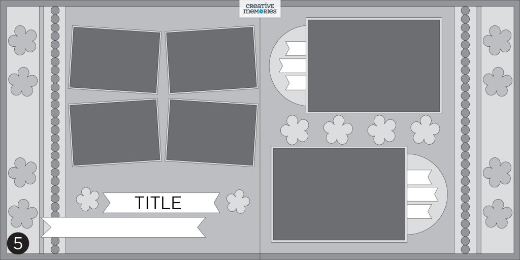 Two-page gray tonal sketch with six photos, banners and embellished borders on the outside edge of each page.