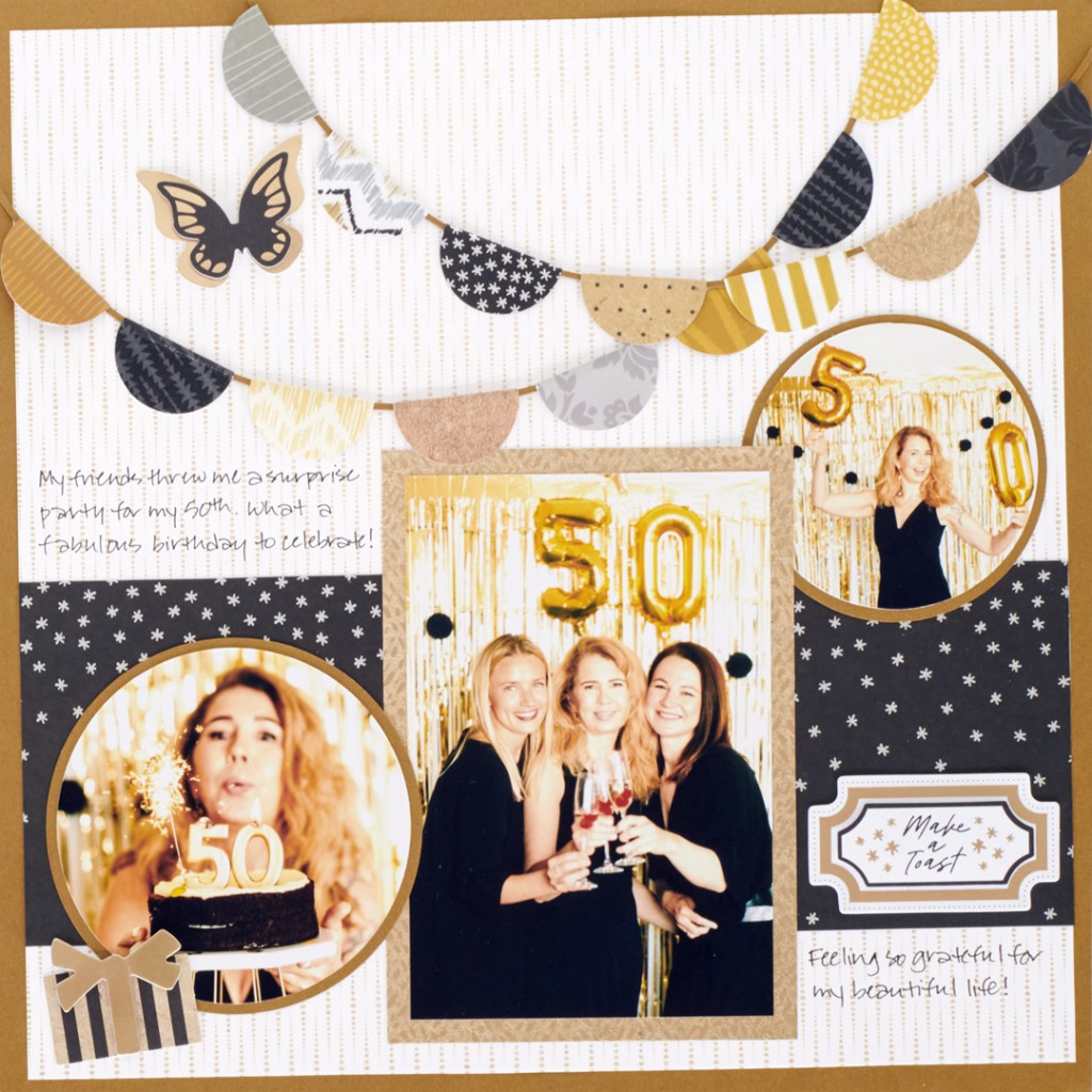 Silver and gold birthday-themed scrapbooking layout with three photos and two decorative flag banners.