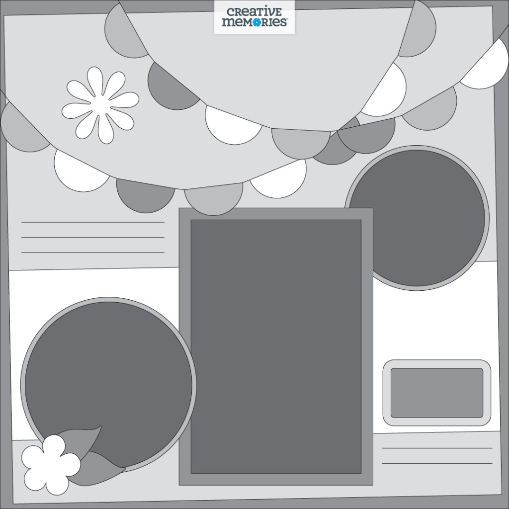 Gray tonal sketch with three photos, banners and journaling placeholders.