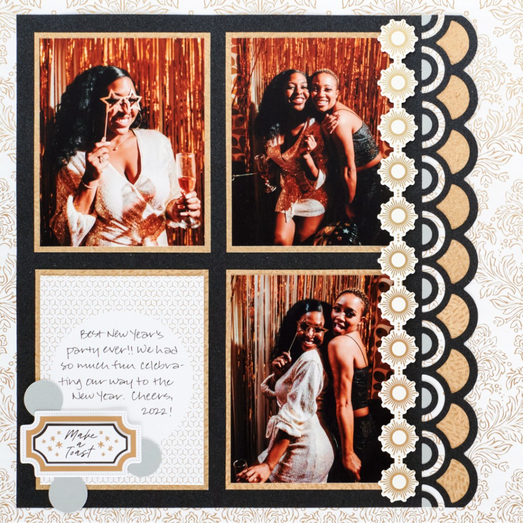 Make A Toast With This Silver And Gold Scrapbook Layout — Also Perfect As A New Year’s Scrapbook Idea