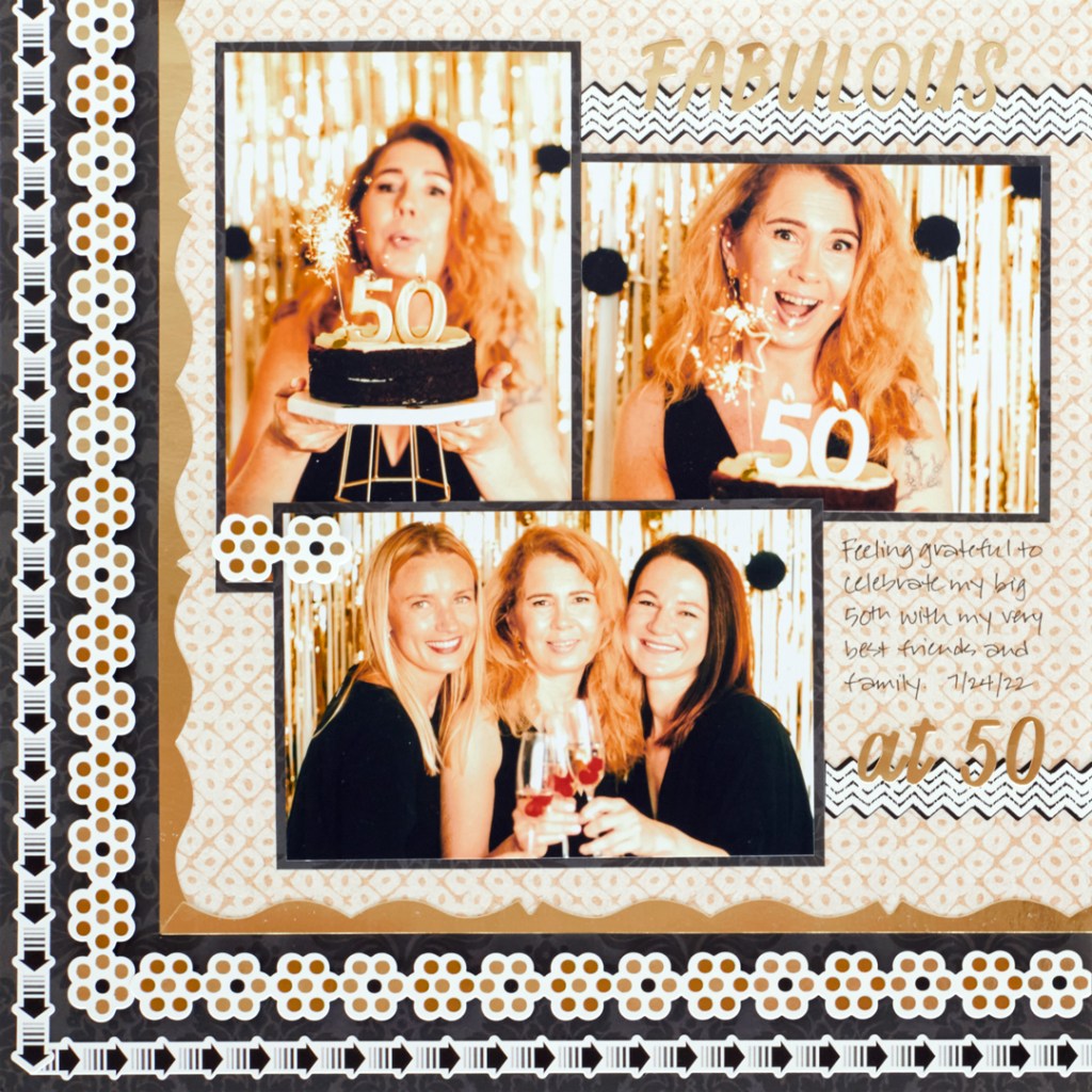 Birthday-themed silver and gold scrapbook layout with three photos, L-shaped border and journaling.