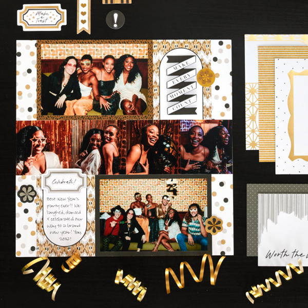 Party With Pizzazz: Silver And Gold Scrapbook Layout For New Year’s Eve