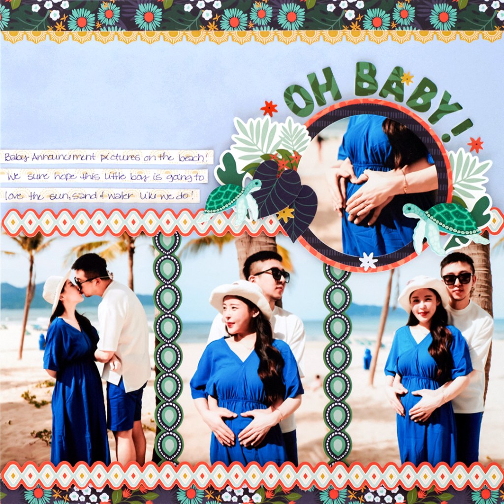 Baby announcement scrapbook layout with photos of an expecting couple on the beach, journaling and stickers.