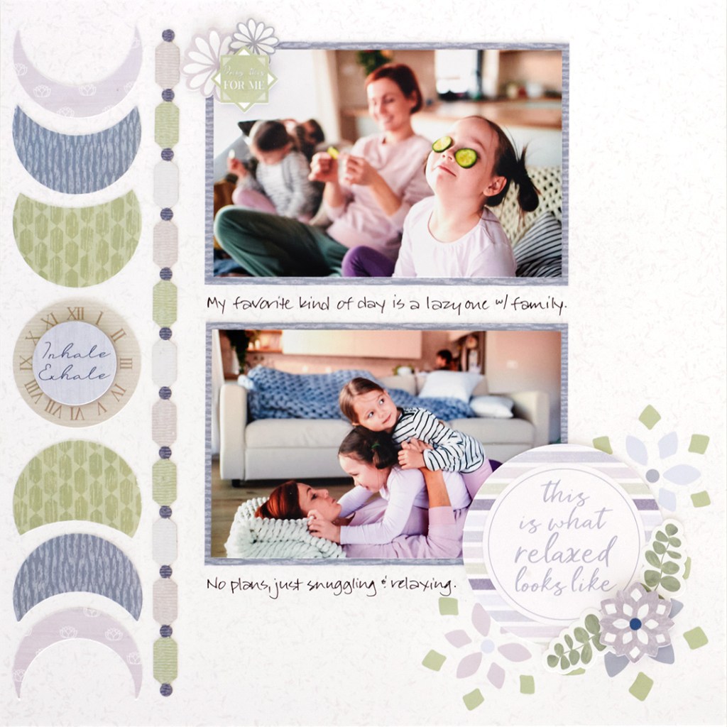 Scrapbook layout with two photos of a family at home, stickers and journaling.