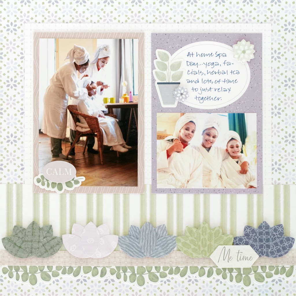 Spa themed scrapbook layout with neutral colored papers, photos, journaling, stickers and decorative border.