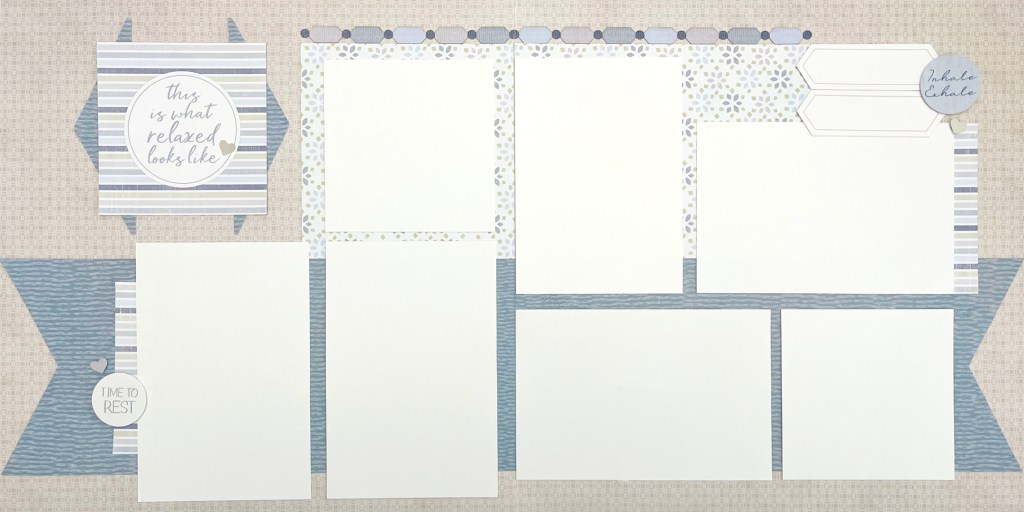 Two-page scrapbook layout with seven photo placeholders and stickers.
