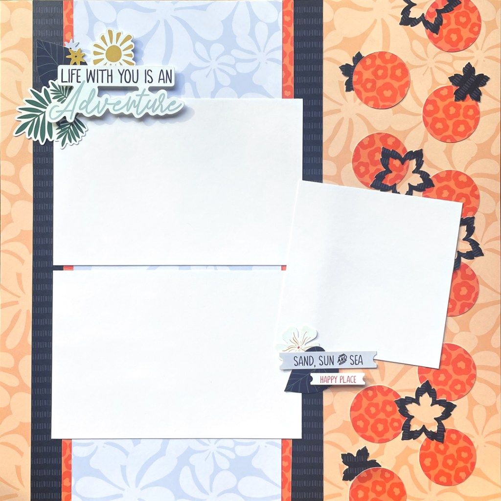 Tropic Time example scrapbook layout with stickers and placeholders for three photos.