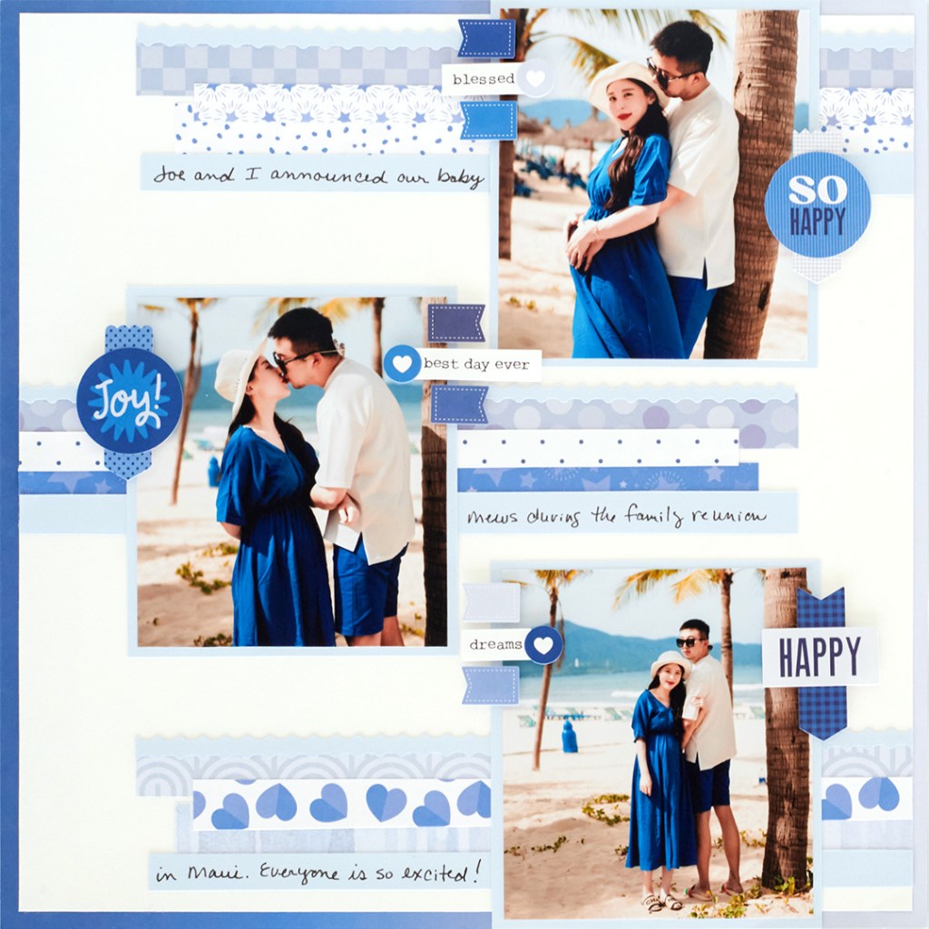 Baby blue scrapbook layout with three photos of a happy couple and journaling.