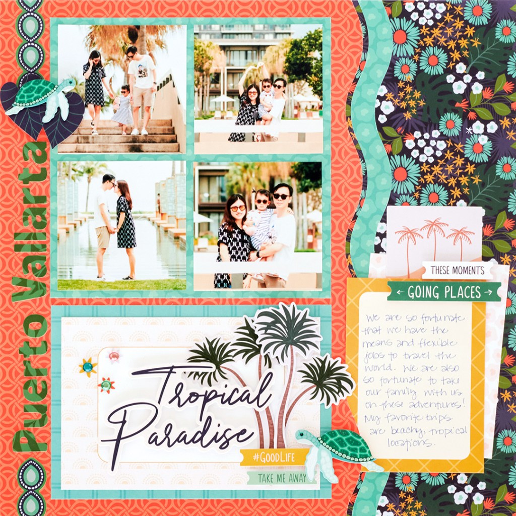 Boho vacation scrapbook layout with four photos of a family, journaling, title and embellishments.