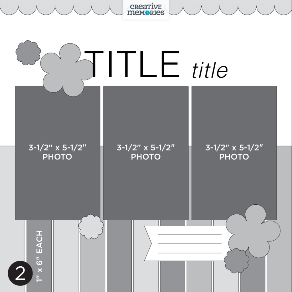 Gray tonal sketch with three photo placeholders, embellishments, title and journaling box.