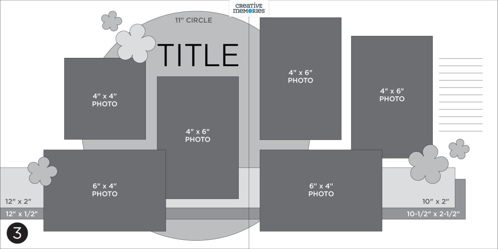 Two-page spread gray tonal sketch with six photo placeholders, embellishments, space for journaling and a title.