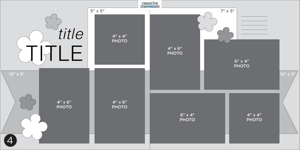 Two-page spread gray tonal sketch with seven photo placeholders, a large title, embellishments and spot for journaling.