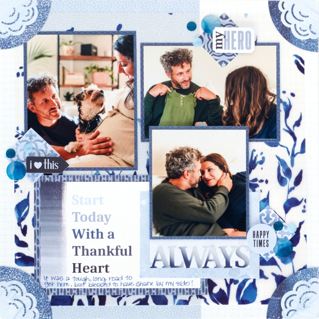 Blue-themed scrapbook layout with three photos of an expecting couple, embellishments and journaling.
