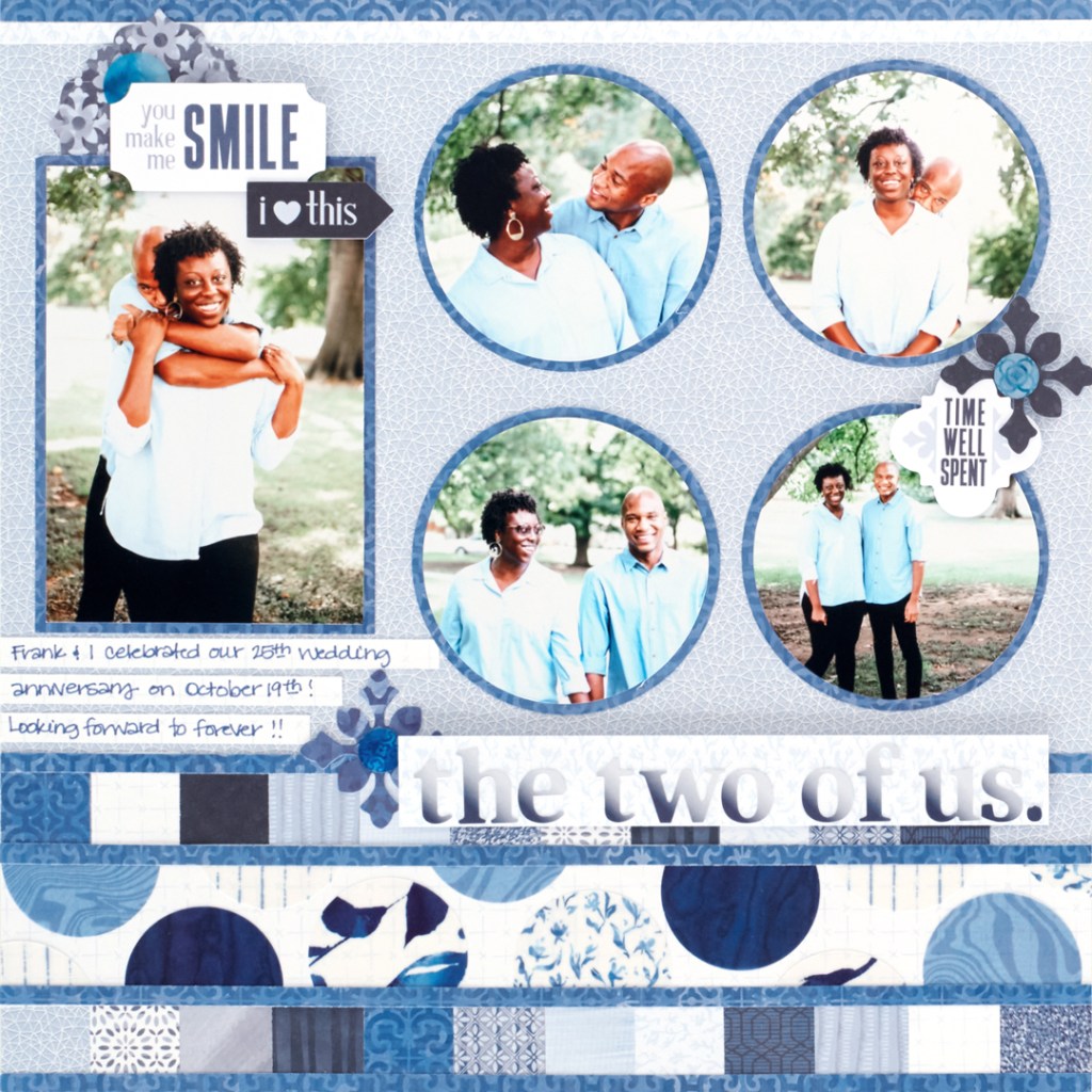 Blue themed scrapbook layout with 5 photos of a couple, blue ombre letter stickers, journaling and embellishments.
